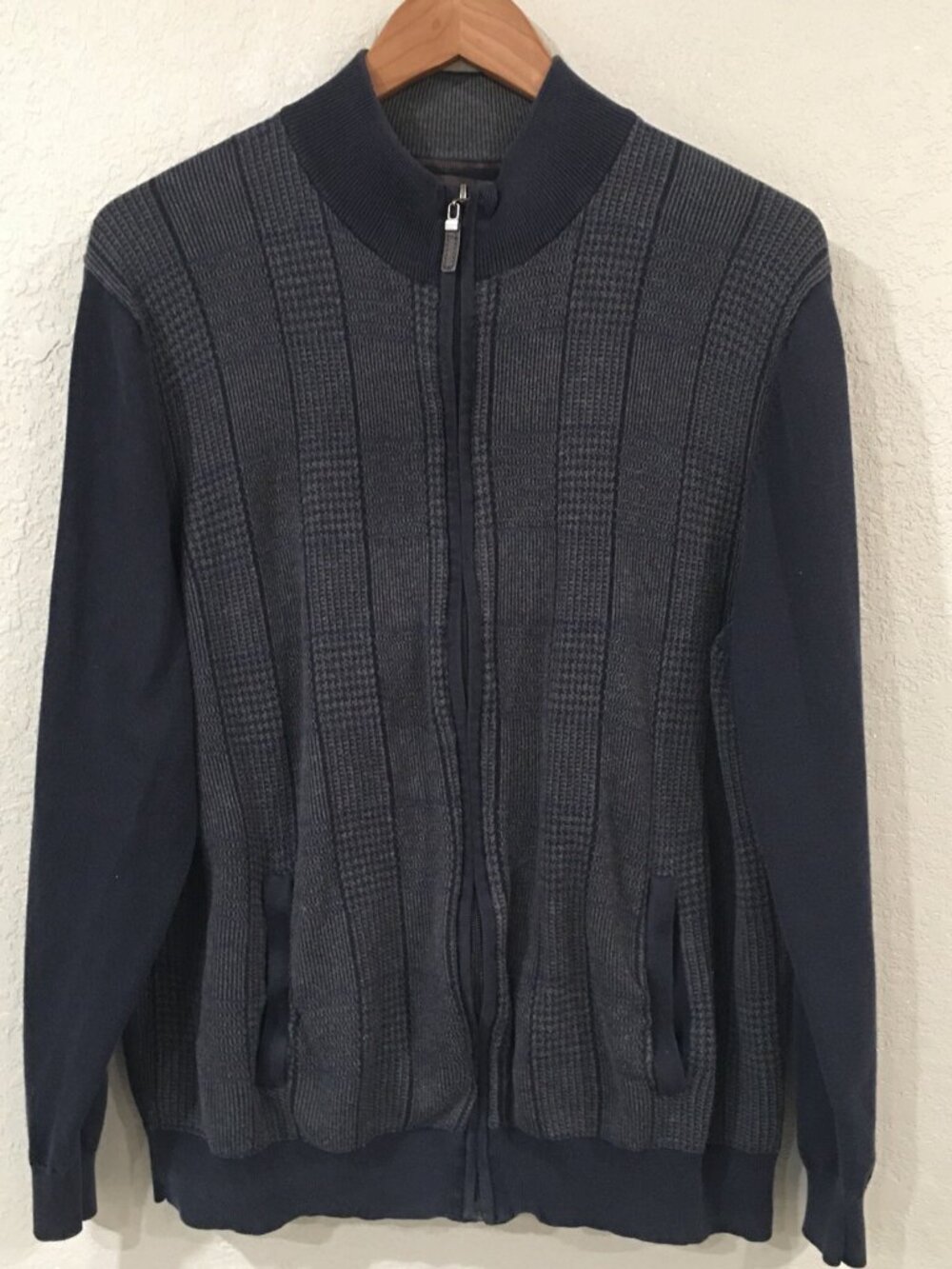 Tasso Elba Men XL Sweater Blue‎ Zip 100% Cotton Cabincore Grandpa Houndstooth